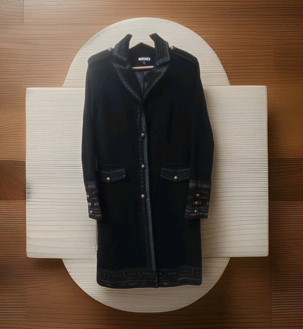 Vintage XOXO Black Embroidered Long Coat Cashmere Wool Blend Womens Size Medium